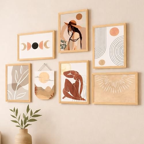 Wall Art Set of 7 (1 MDF wall Hanging), Modern Neutral Aesthetic Prints with Minimal Line Art, Framed Painting