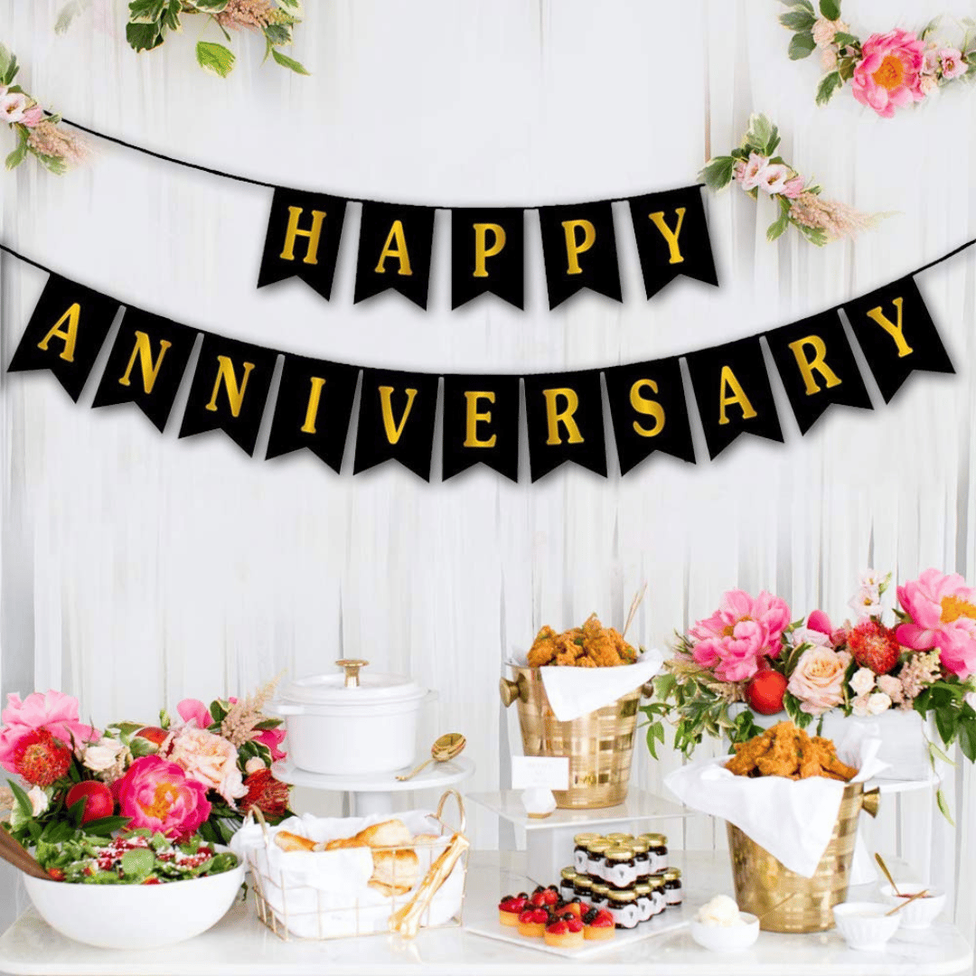 Happy Anniversary Black & Gold Flag Banner - Over 9FT - 1PC