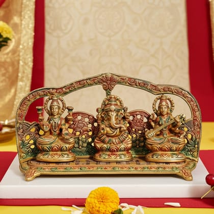 Brass Laxmi‑Ganesh‑Saraswati God Idol Set - Complete Puja Display, Height : 5.2 Inch (BSMAS1247 A)
