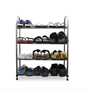 Steel Portable & Folding Shoe Rack - Silver | 4 Metal Layer Book Cloth Shelf Storage Organizer | Multipurpose Shoes Stand Rack | Durable & Sturdy Construction