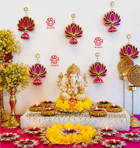 Decor Pink MDF Wood jhumki Style Lotus Pack of 6 for Diwali ganpati mandir and Pooja Rooms Festival Decoration