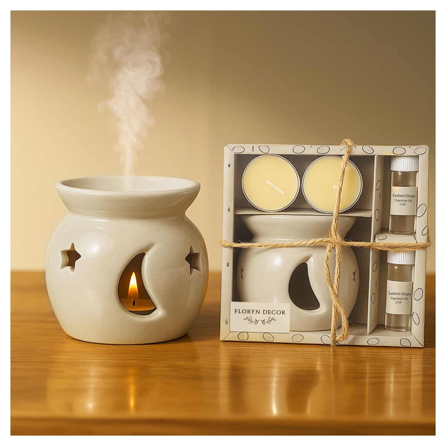 Floryn Decor Ceramic Oil Diffuser Set with 5ml Essential Oil & 2 Tealight Candles | Aromatherapy Burner for Home Bedroom, Spa & Office | Relaxing Fragrance, Compact Size –Gift Pack Cream