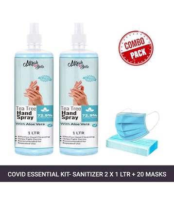 Mirah Belle Tea-Tree Aloe Vera Hand Rub Spray1LTR (Packof2) & 20 Masks Sanitizers 2000 mL Pack of 2