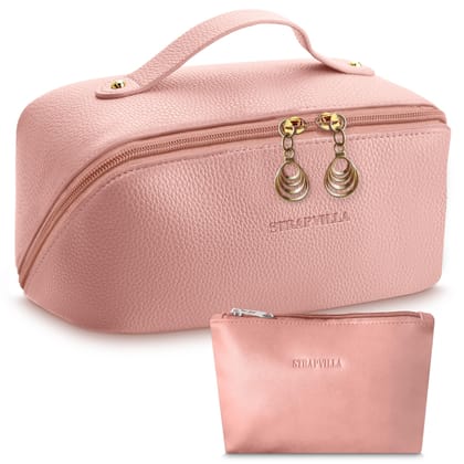 STRAPVILLA Makeup Organizer Bag for Women – Large Waterproof Makeup Pouch Bag with Wide Opening – Travel Pouches for Women, Cosmetic Organizer Bag, Makeup Kit Bag for Travel & Daily Use - Pink STRAPVILLA Makeup Organizer Bag for Women – Large Waterproof 