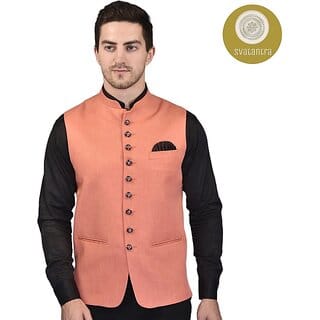 PrintCulture Men Solid Orange Cotton Blend Nehru Jacket