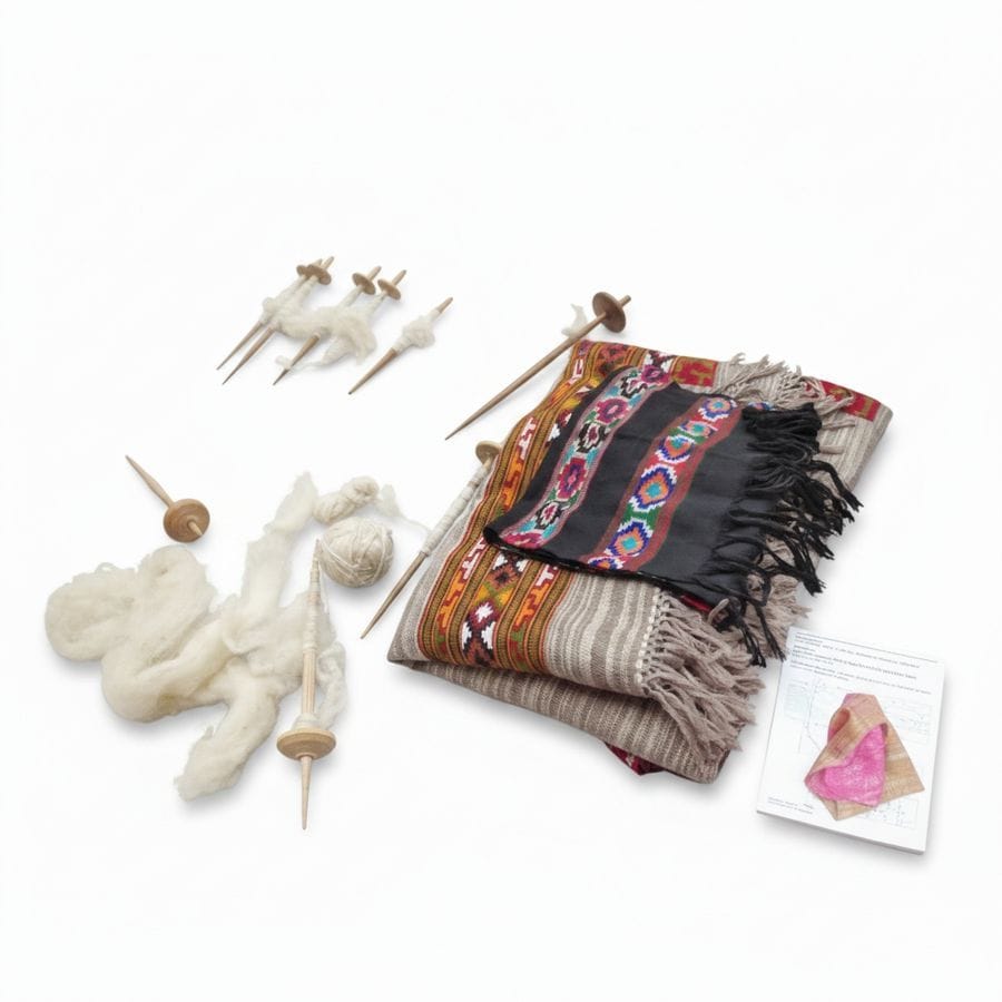 Artisanal Hand-Spinning Kit with Wool and Wooden Spindles