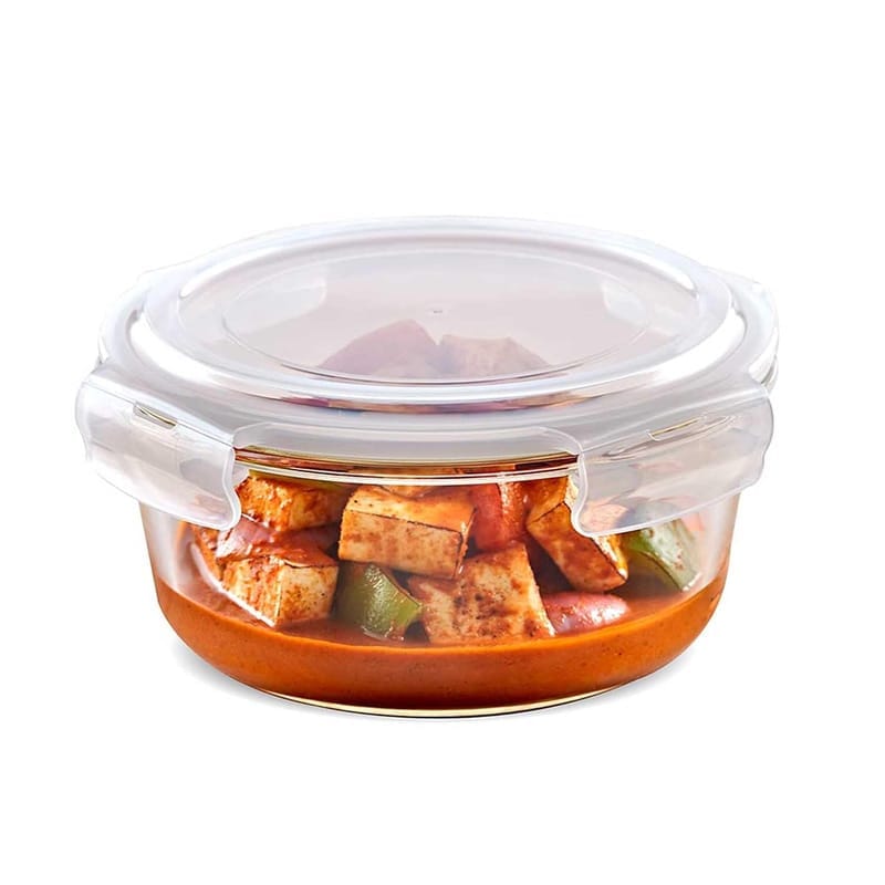 Borosil Airtight Glass Food Storage Container with Snap Lock Lid, Round, 650ml , Pack Of 1