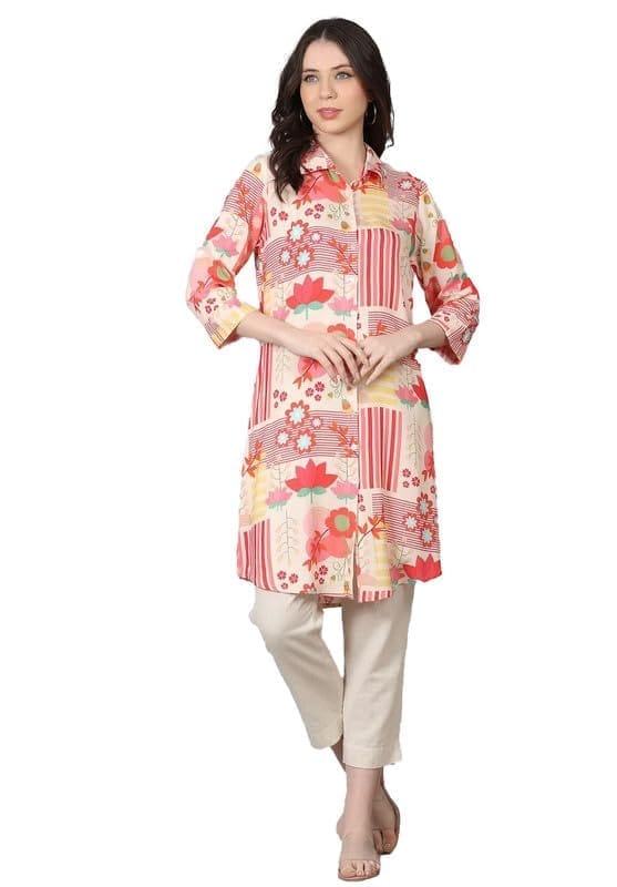 Women's Casual 3/4 Sleeve Viscose Rayon Printed Kurti (Pink, 3XL)-PID46410