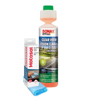 SONAX Clear View Windshield Washing Fluid 250ml | Microfiber Cloth for Glass & Interior Cleaning | Windscreen Cleaning Liquid | Glass Cleansing Shampoo | Remove Tough Dirt, Oil & Grime | 893 200
