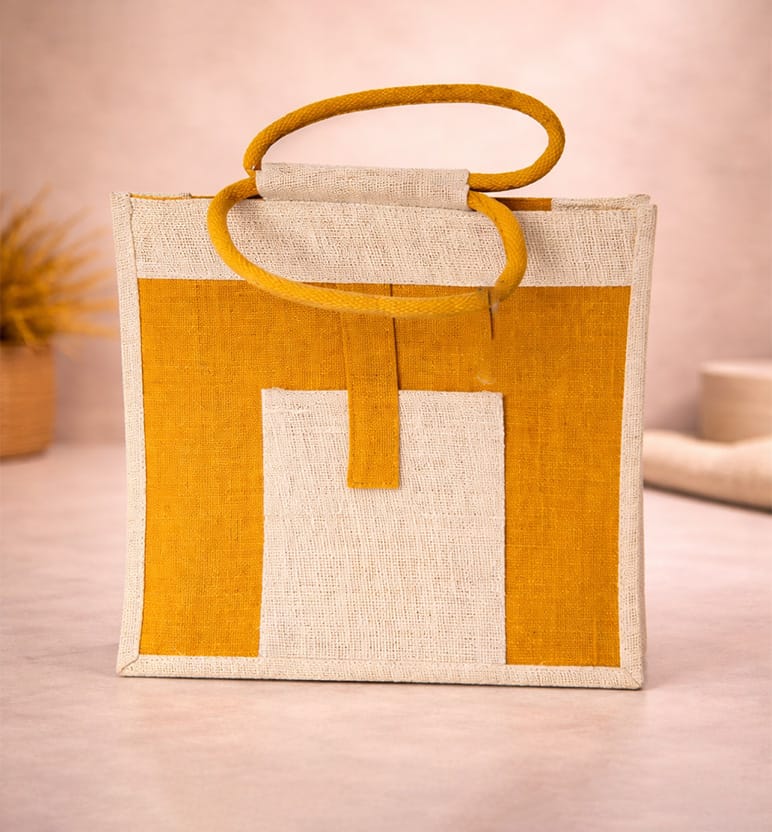 Handcrafted Natural Jute Tote Bag – Red Geometric Pattern