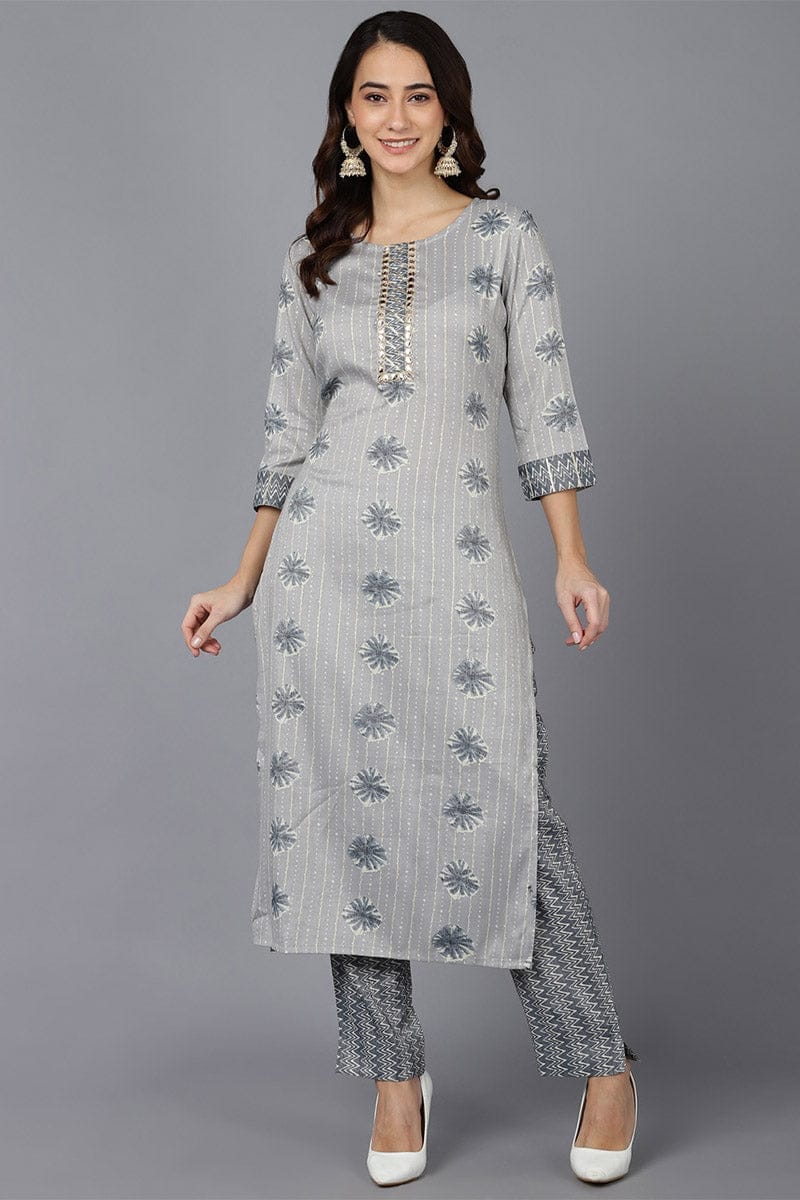 Grey Cotton Blend Straight kurta Set VKSET1337