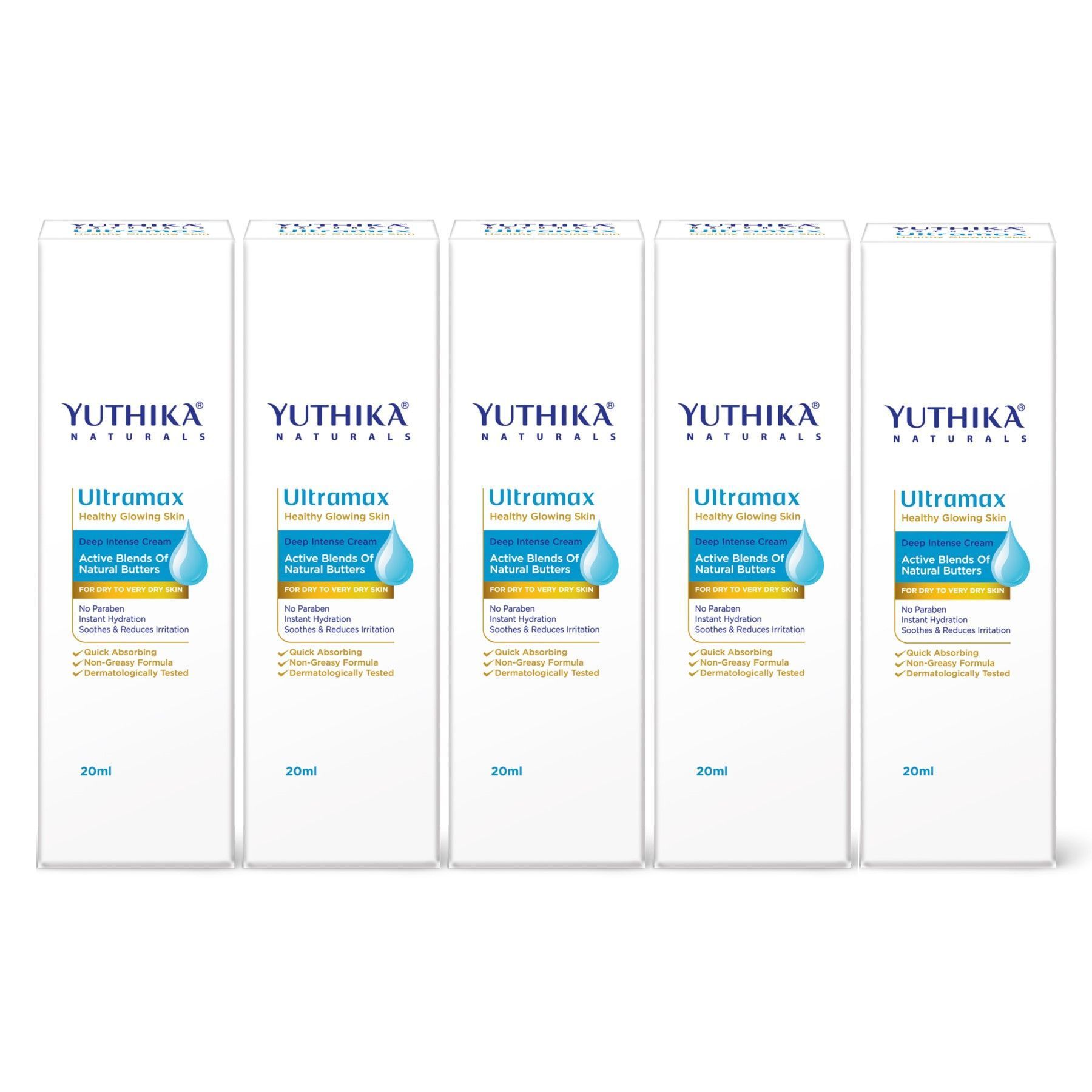 Yuthika Ultramax Deep Intense Moisturizing Cream for Dry to Very Dry Skin 20ml Pack of 5, Dermatologically Tested