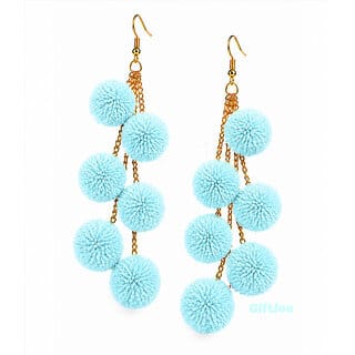 GiftJee Aqua Blue Handmade Pom Pom Earrings  Soft Fabric Tassel Drop Earrings for Women  Girls  Perfect for Daily