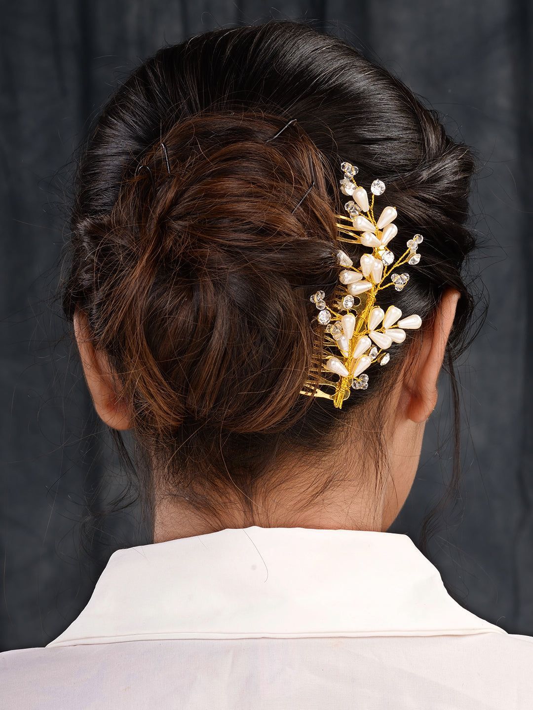 Gold Toned White Pearl Beaded Comb Pin for Girls & Women