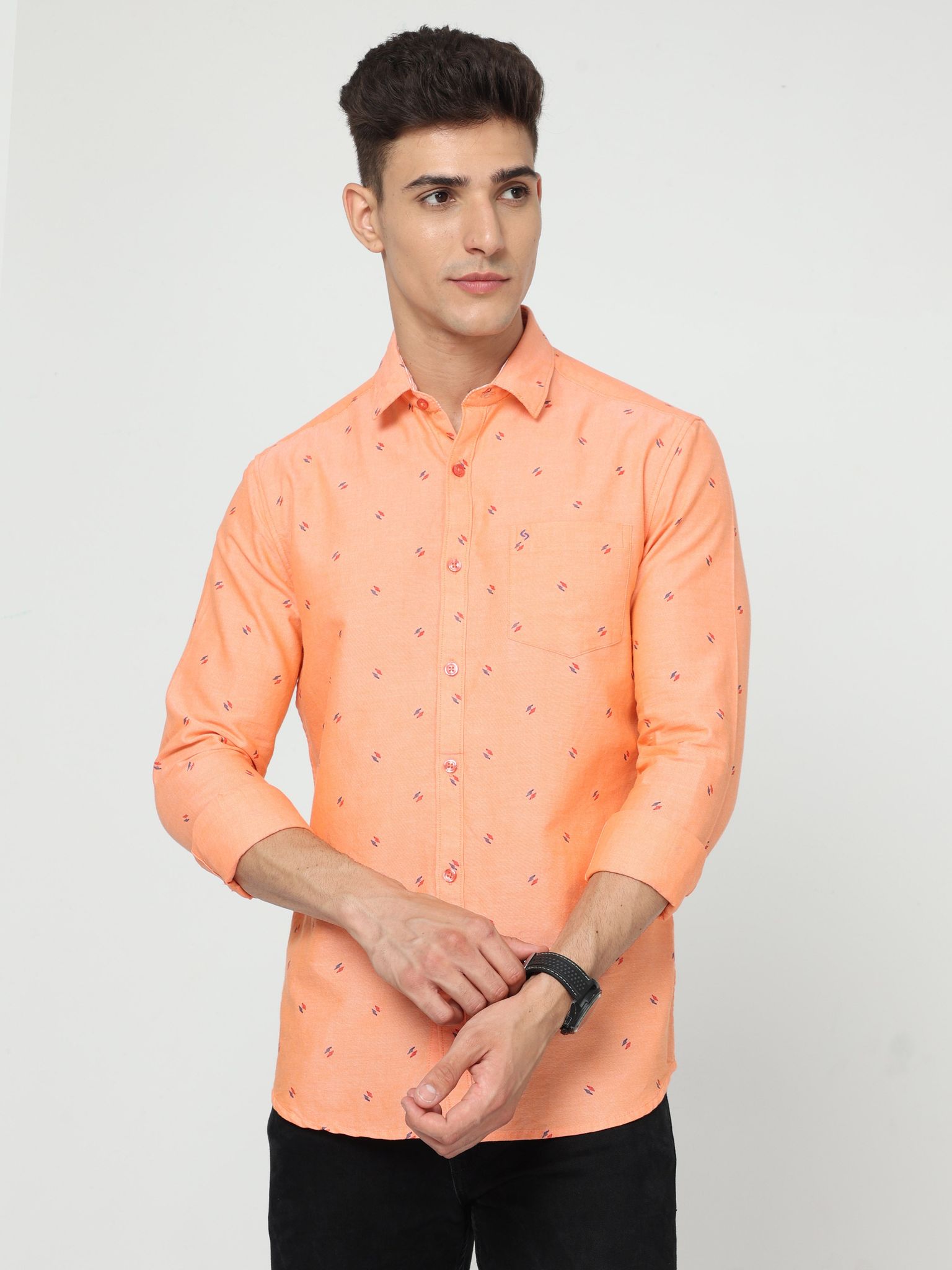 Classic Polo Mens Cotton Full Sleeve Printed Slim Fit Polo Neck Orange Color Woven Shirt | SO1-177 B-FS-PRT