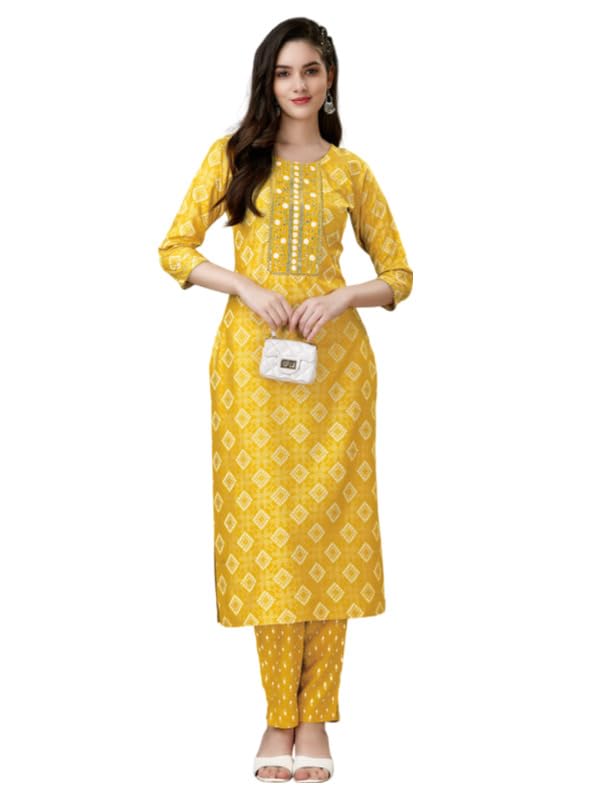 Women's Casual 3-4 th Sleeve Embroidery Rayon Kurti Pant Set (Yellow, S)-PID50291