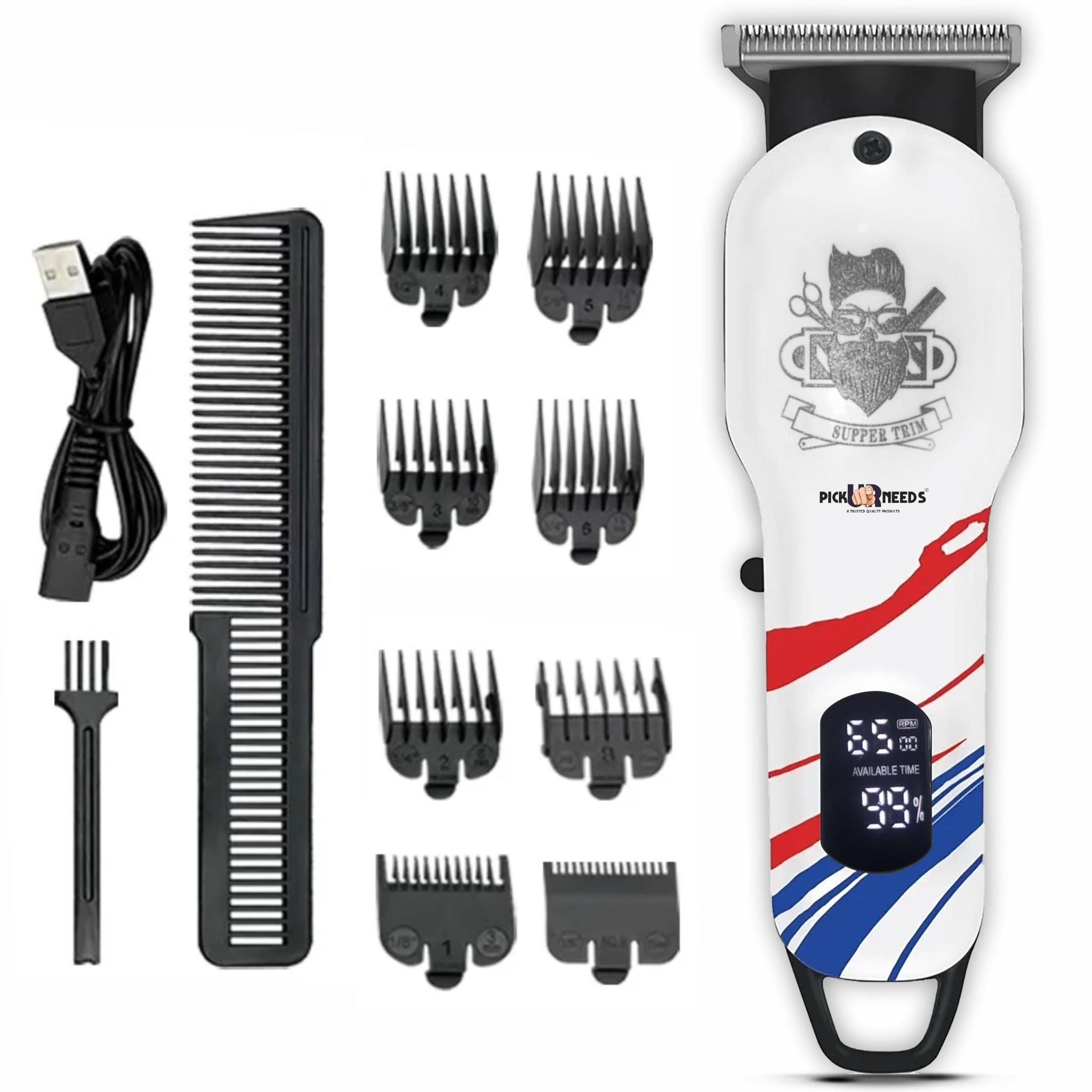 Pick Ur Needs Professional Barber Tool/Hair Cutting Machine/Clipper For Men With LED Display Trimmer 180 min Runtime 8 Length Settings (White) Pick Ur Needs Professional Barber Tool/Hair Cutting Machine/Clipper For Men With LED Display Trimmer 180 min Ru