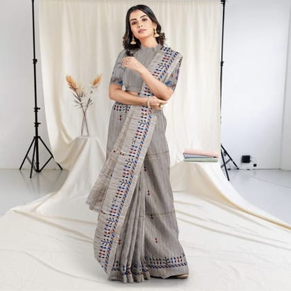 Greige Tribal Design Tussar Silk Saree