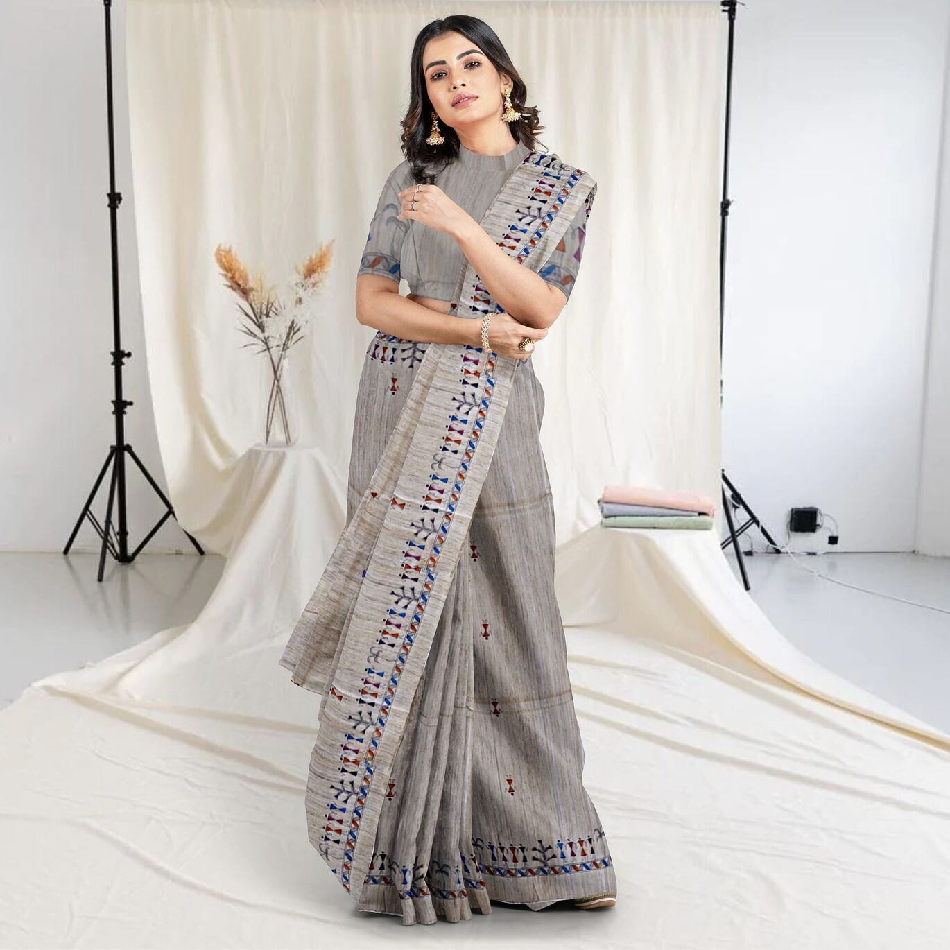 Greige Tribal Design Tussar Silk Saree