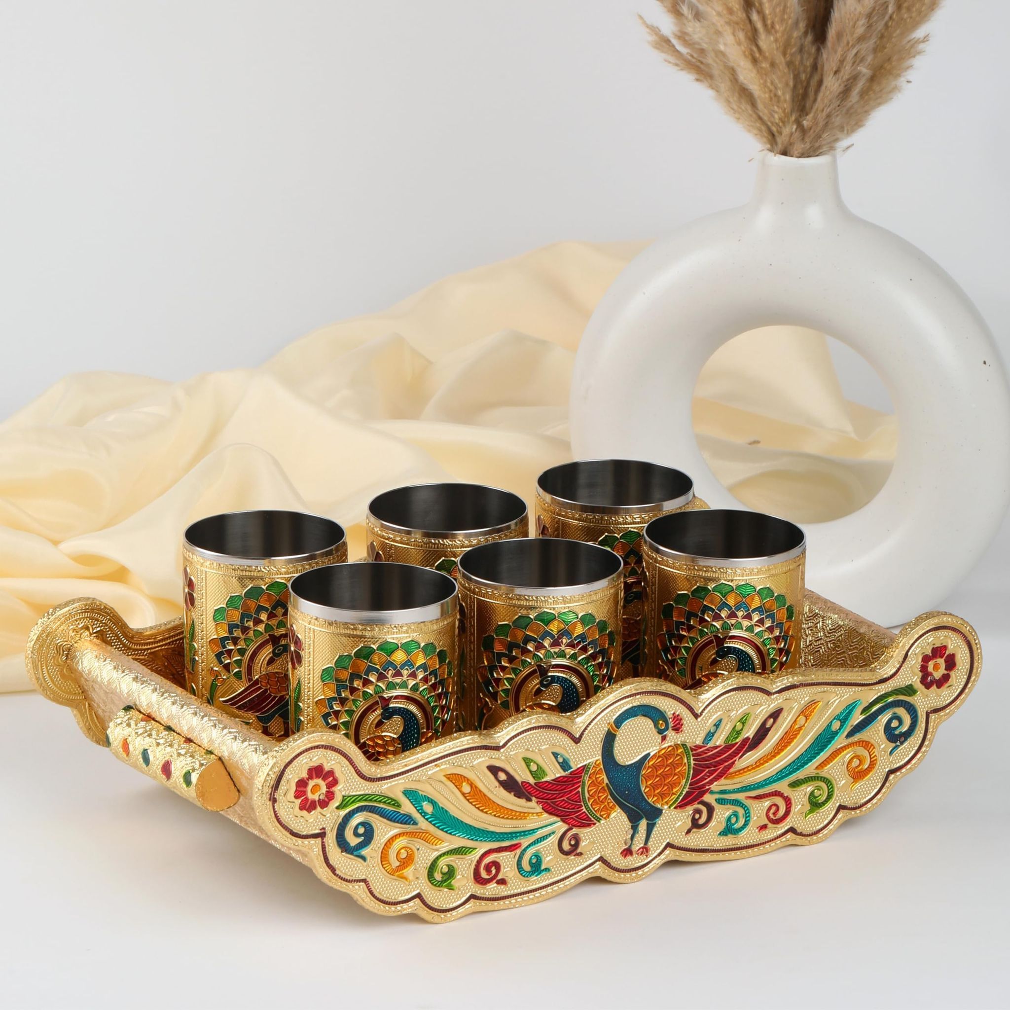 Decorative Stainless Steel Handmade Meenakari Peacock Design 6 Pcs Glass with Handicraft Serving Tray Set (Gold)