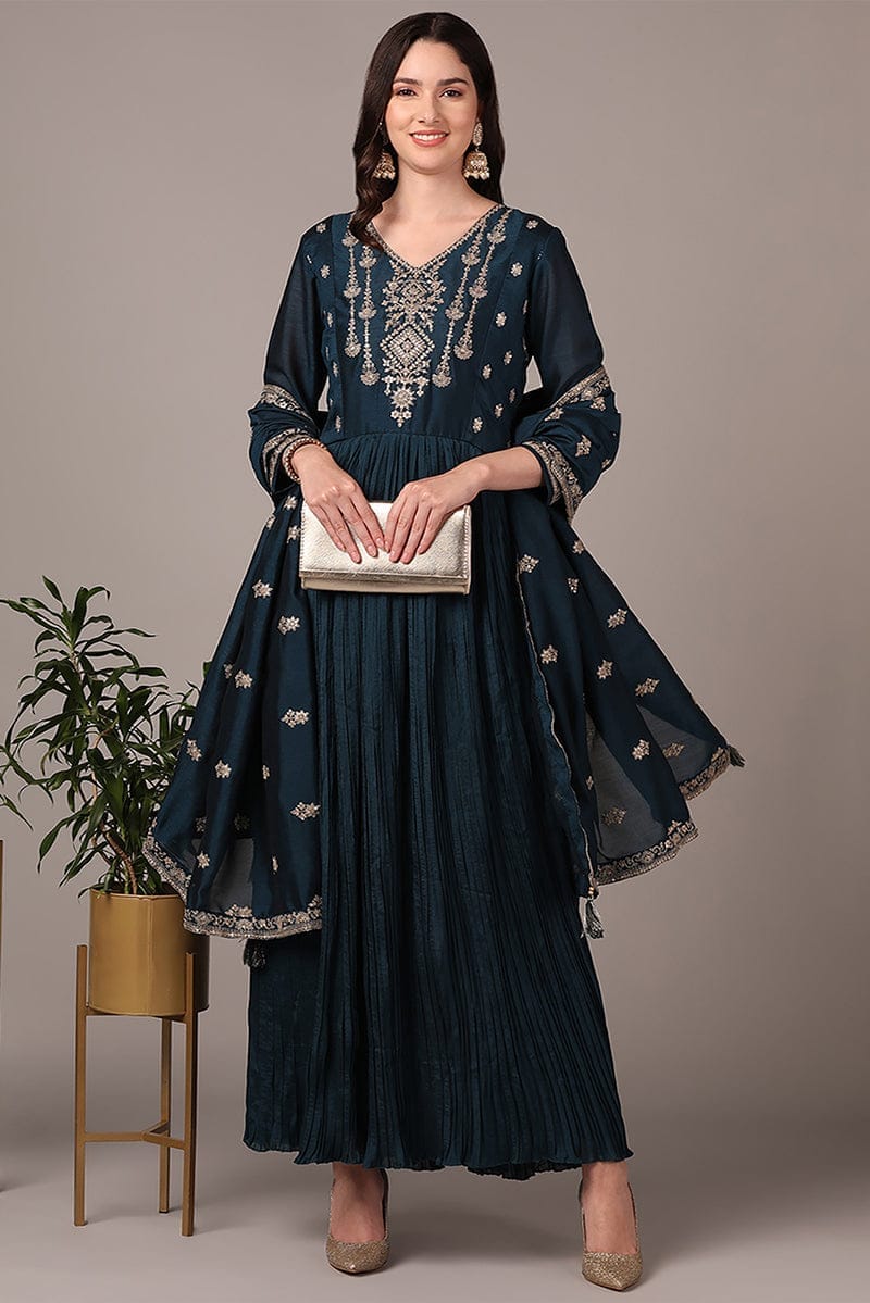 Plus Size Indigo Blue Silk Blend Solid Embroidered Anarkali Style Suit Set PKSKD2060