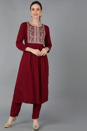 Maroon Silk Blend Yoke Design Solid Straight Kurta Set PKSET1176