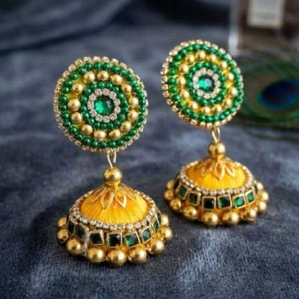 Yellow silk thread kundan jhumka