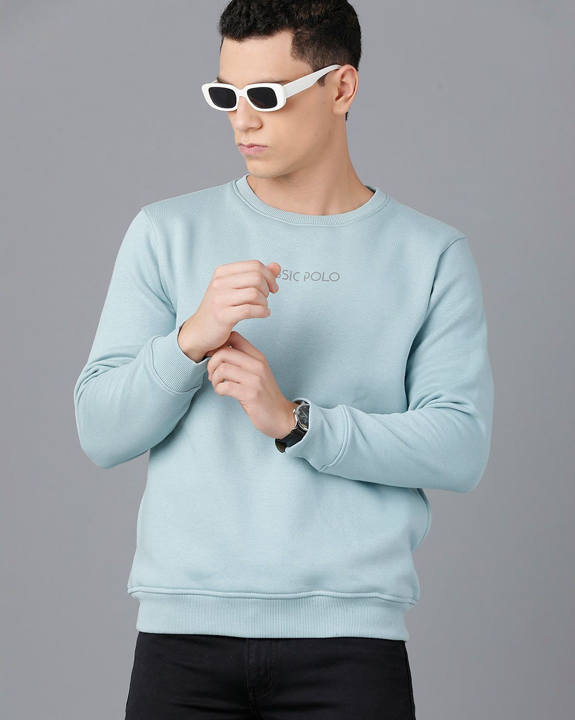 Classic Polo Mens Cotton Blend Full Sleeve Solid Slim Fit Sky Blue Color Round Neck Sweat Shirt | Cpss - 414 H