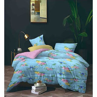 Black Bee  Baby Blue Flowar Print Double Bedsheet With 2 Pillow Covers (208 X 213 Cm)(Bs6-07)