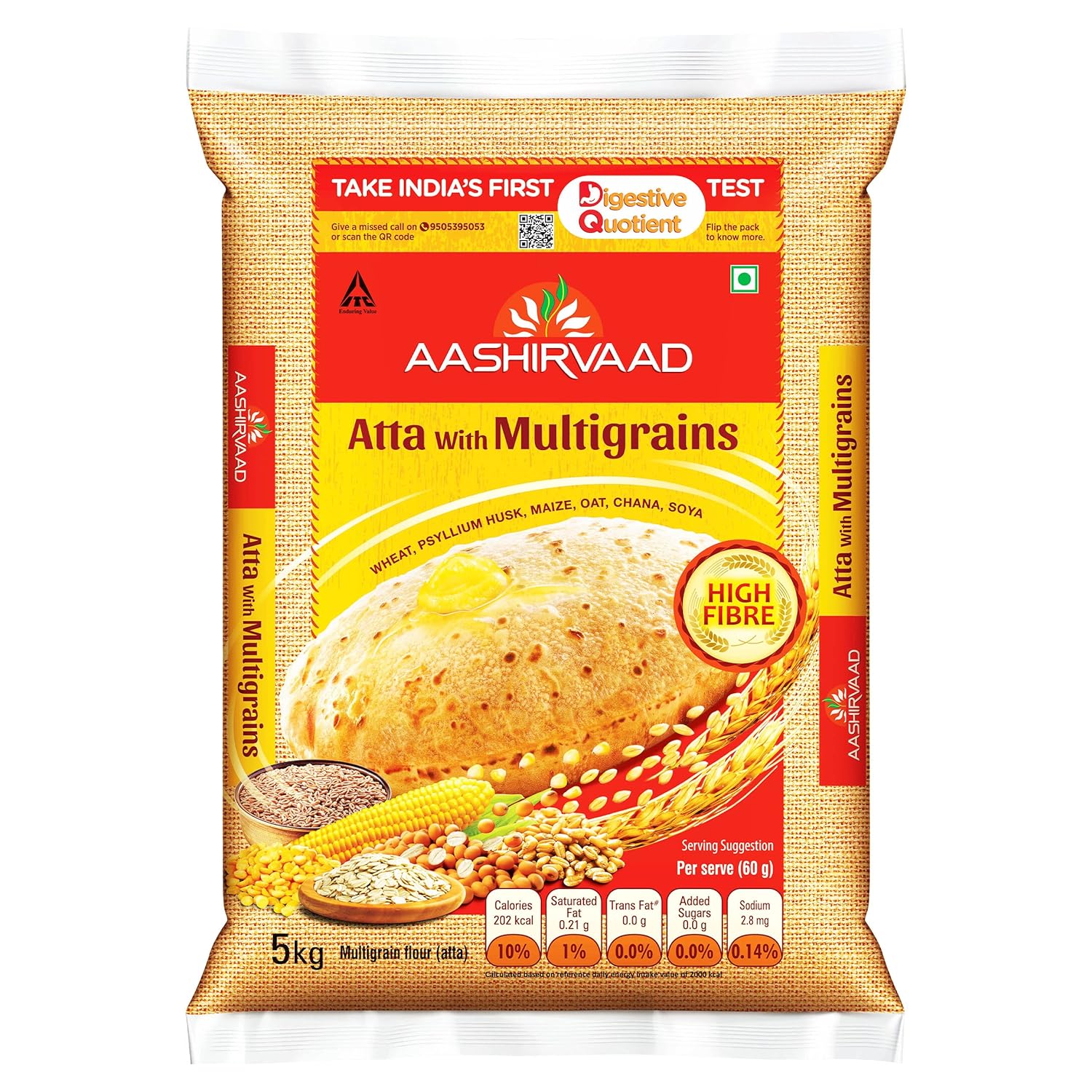 Aashirvaad Atta With Multigrains, The High Fibre Atta, 5Kg Pack OF 2