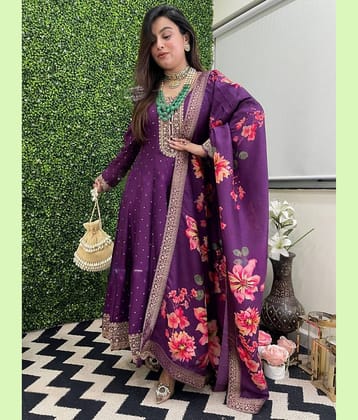 Eeloo Women Silk Embellished Anarkali Kurti With Pants ( Purple )
