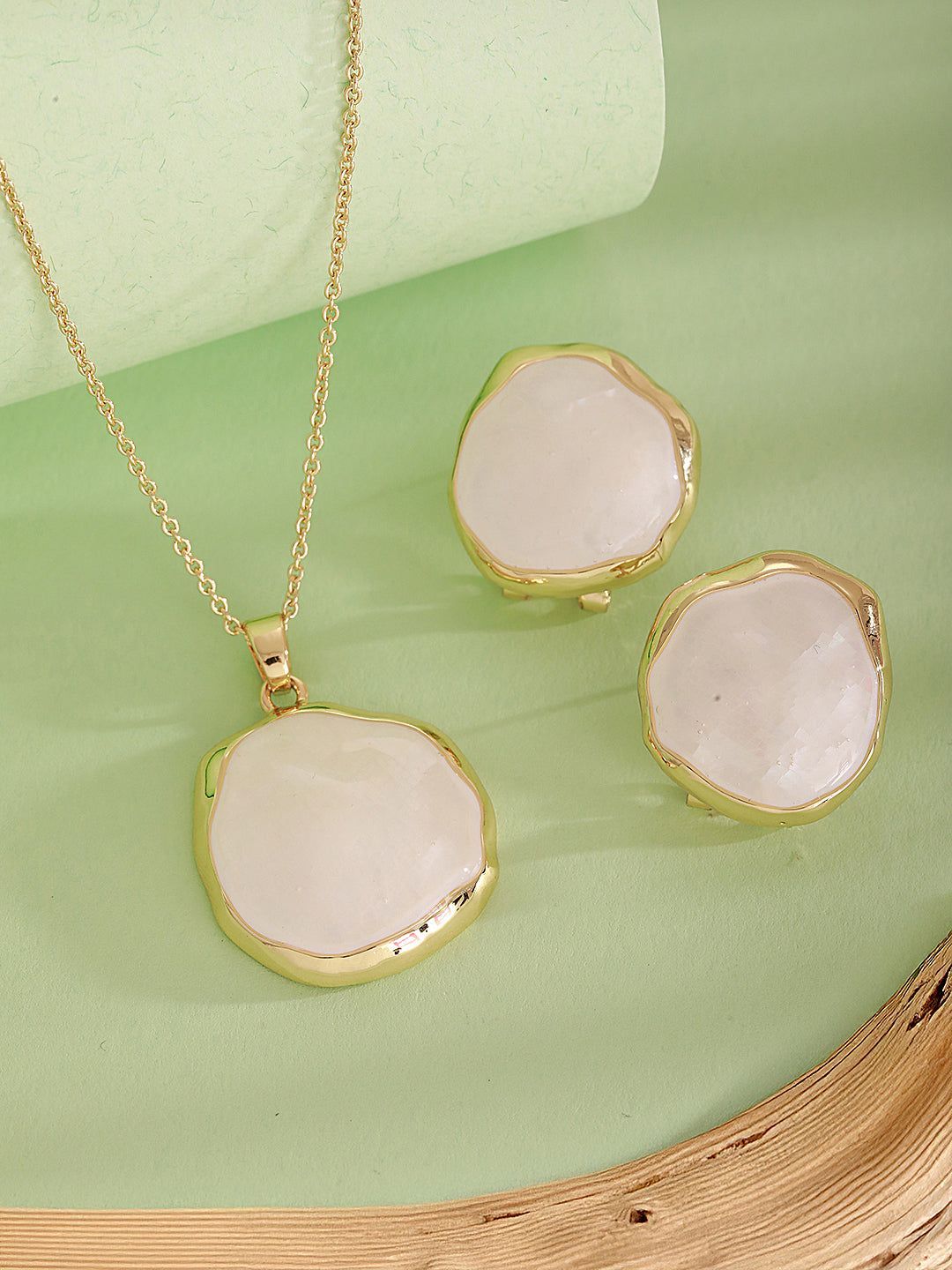 Elegant White Stone Pendant Necklace & Earrings Set