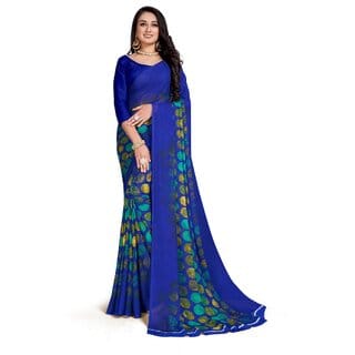 SVB Sarees Womens Blue Colour Georgette Printed Saree With Blouse Piece