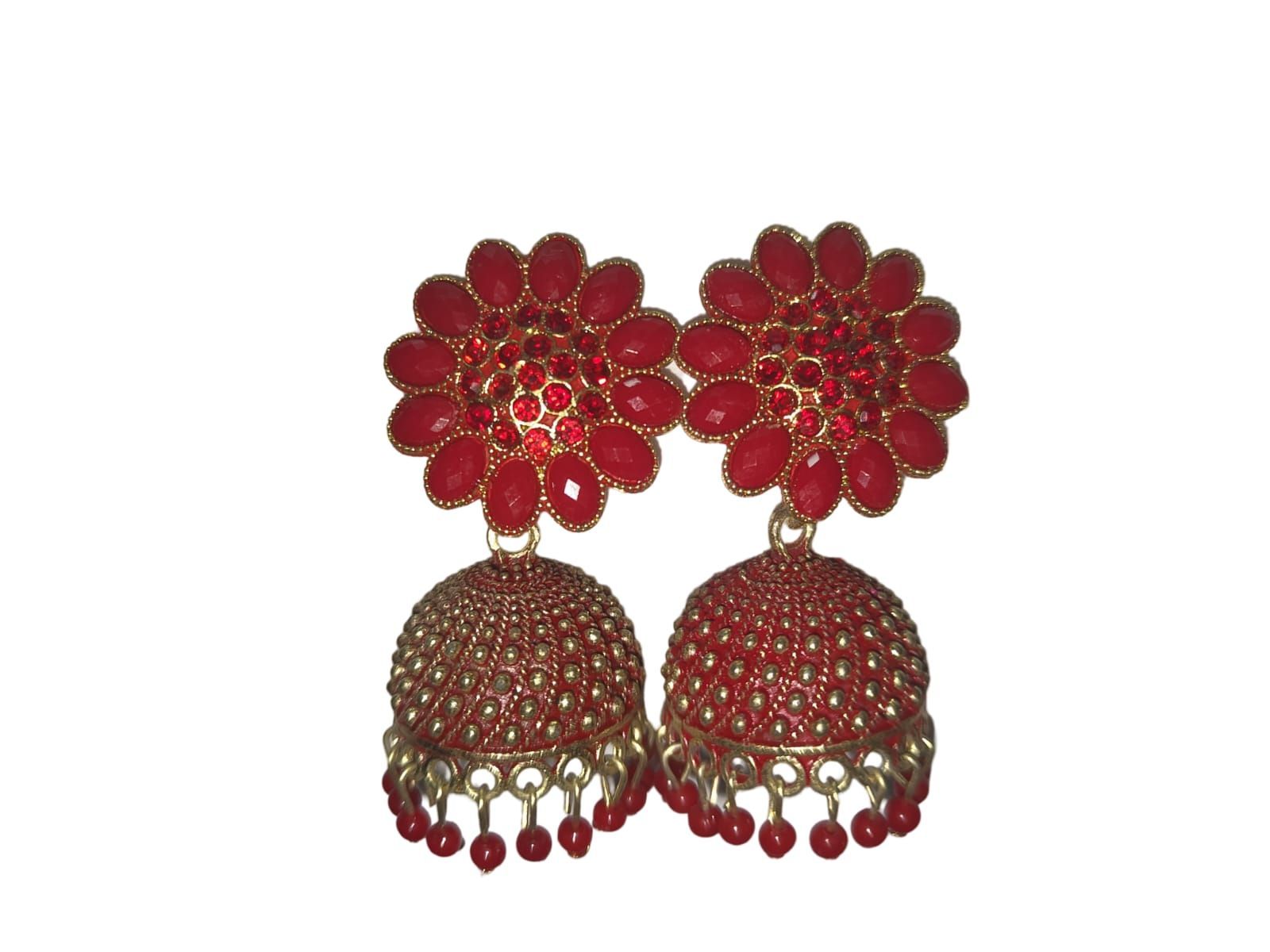 Red Flower-Shaped Kundan Earrings with Gold-Plated Bells and Beads