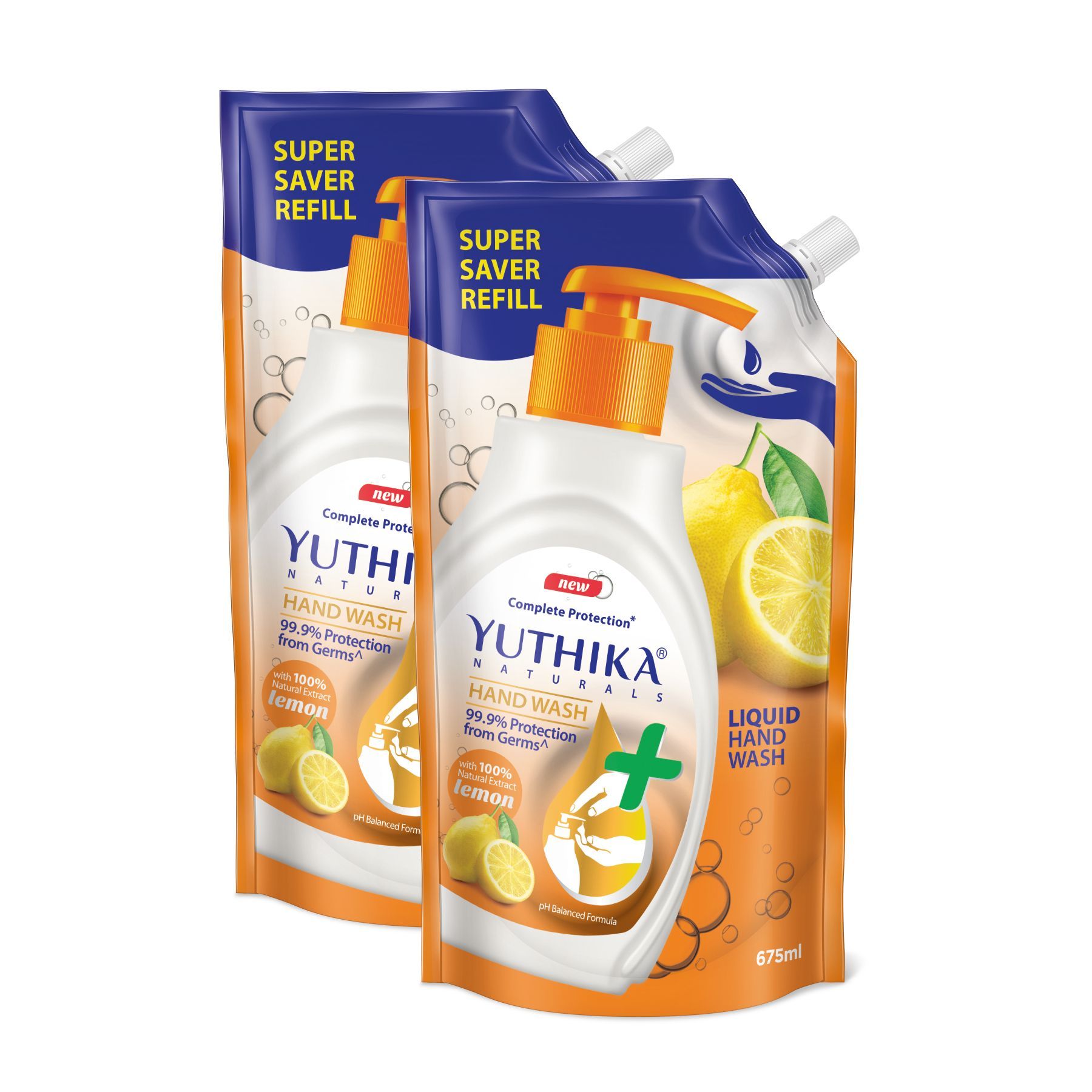 Yuthika Liquid Hand Wash Refill Pack 675ml Pack of 2, Lemon Handwash, Germ Protection Handwash with pH Balanced Formula