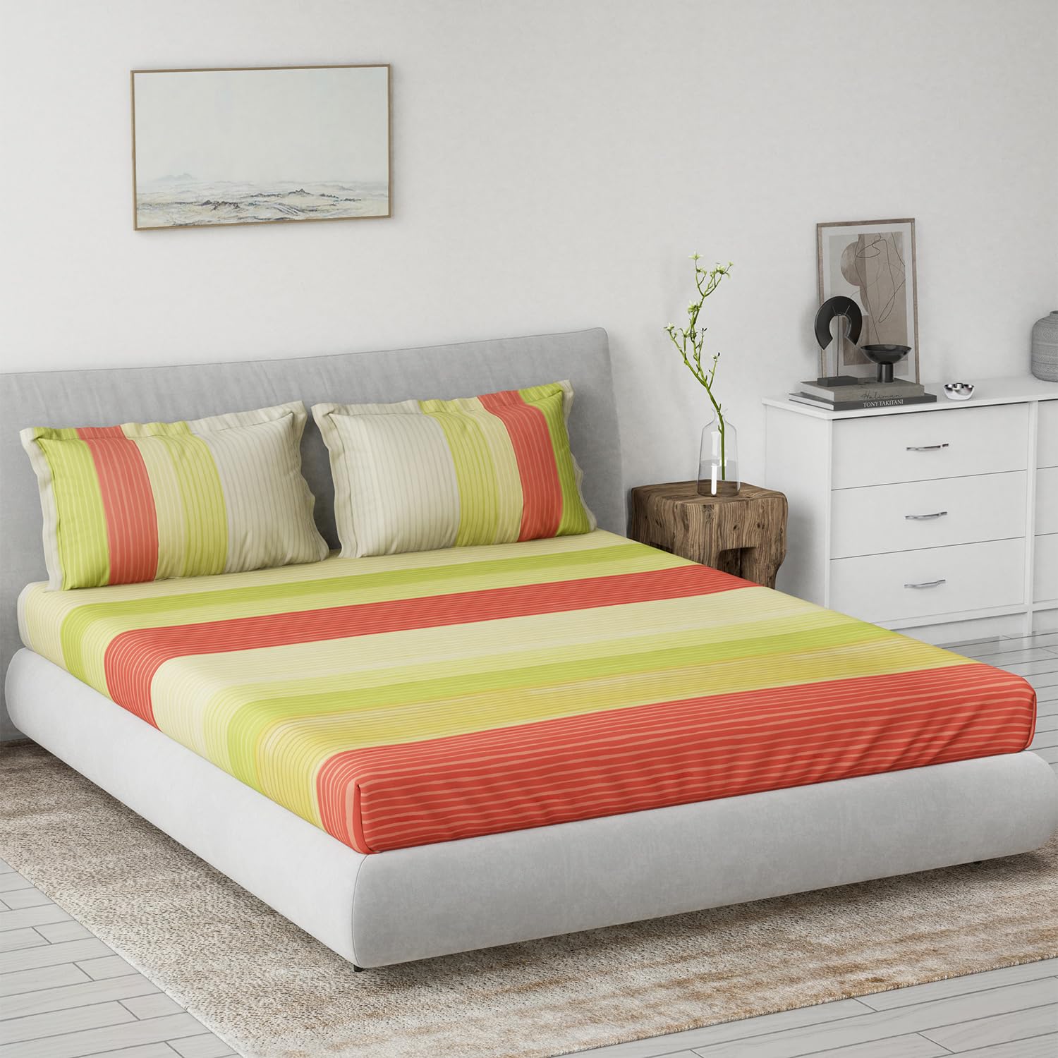 DDECOR - Primary Collection 100% Cotton Stripes Pattern 145TC King Bedsheet |229 CM X 274 CM| Yellow