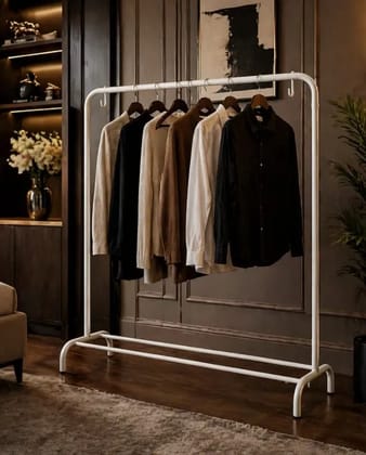 White State Metal Clothes Rack for hanging use and shoes storage and display purpose easy to move anywhere portable heavy weight Powder coated height 5 feet width 4 feet