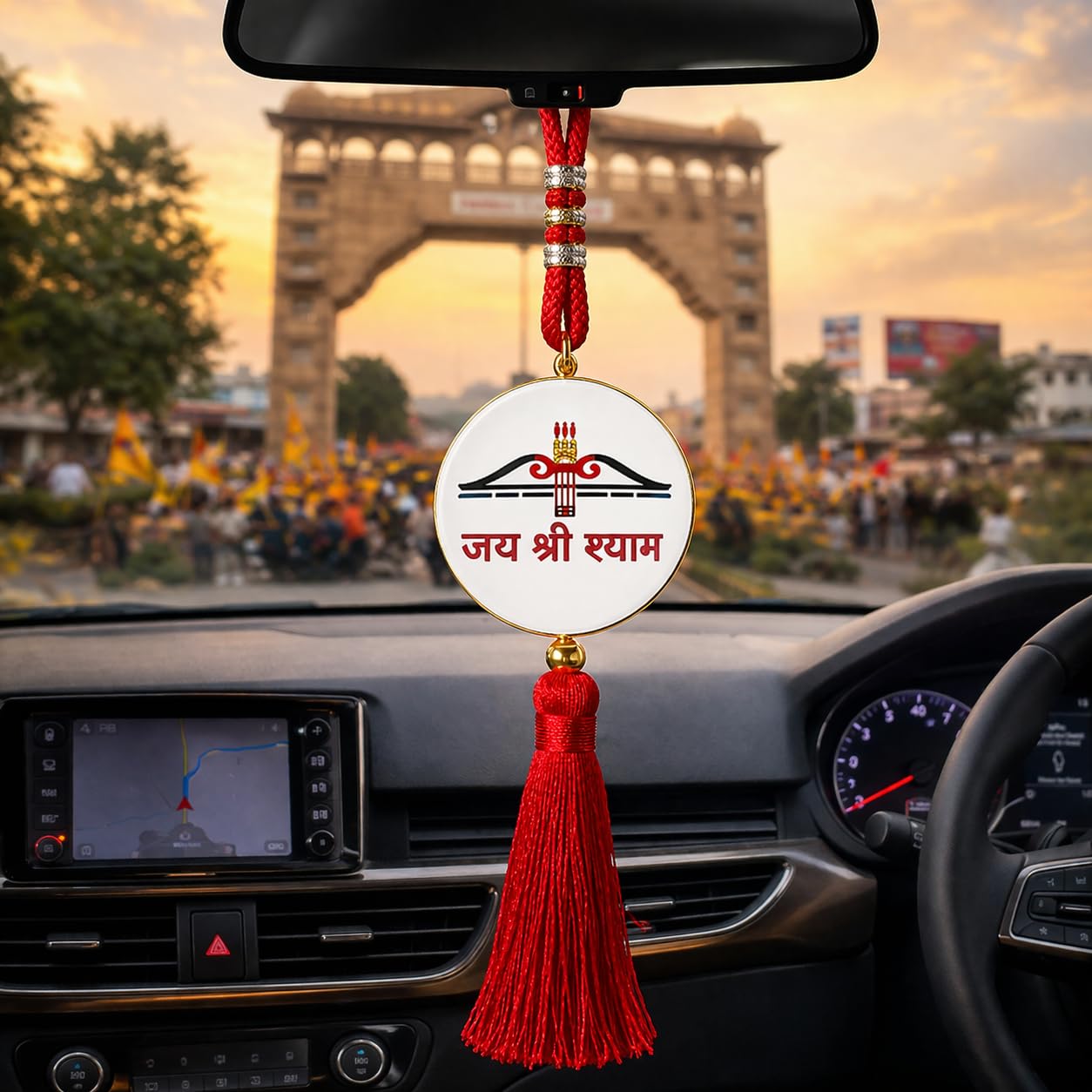 AAKAR Trendz Khatu Shyam Car Hanging Ornament, Religious Car Decor Accessory with Red Tassel,
