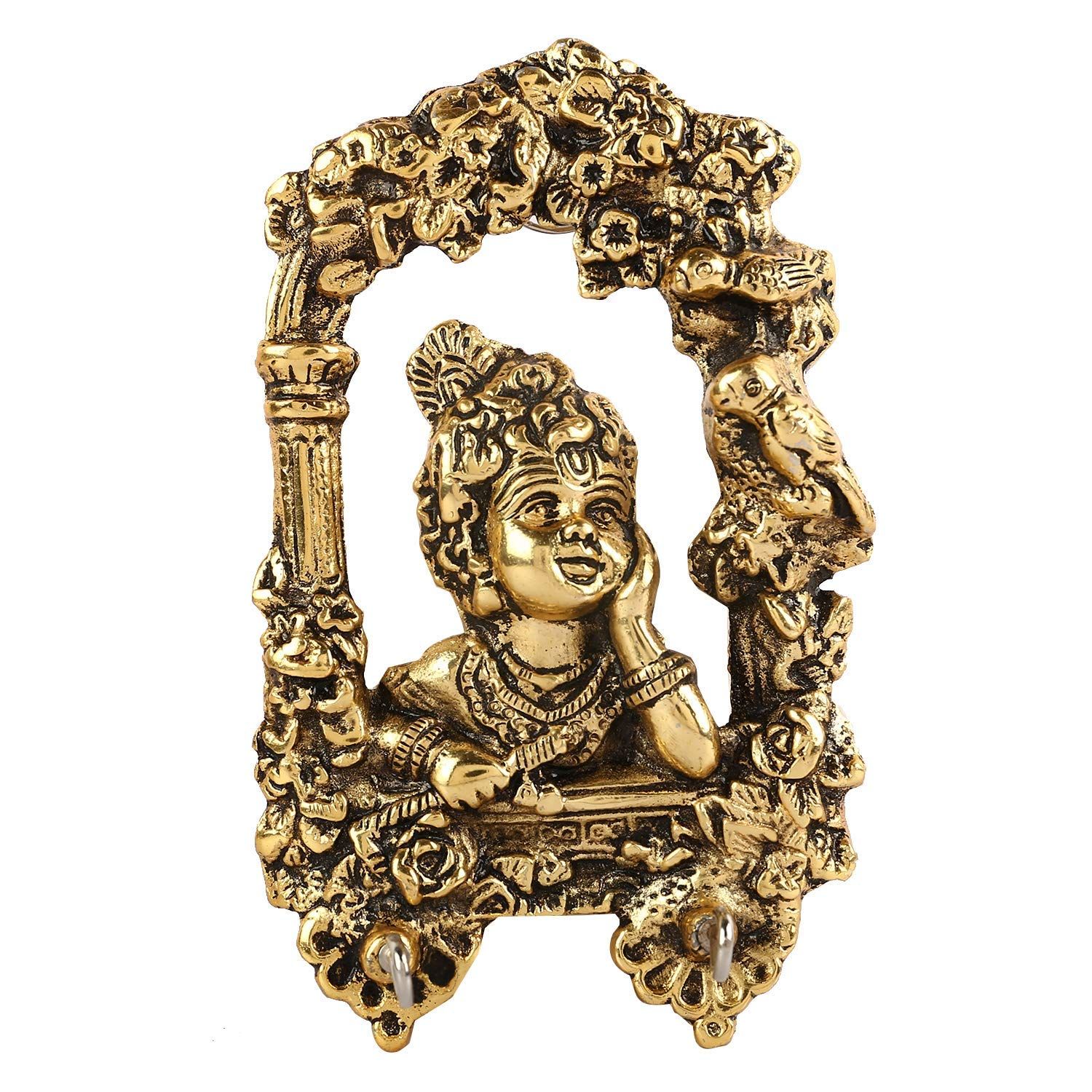 DreamKraft Handcrafted Krishna Metal Key Hanger (12 cm x 18 cm x 5 cm, Gold)