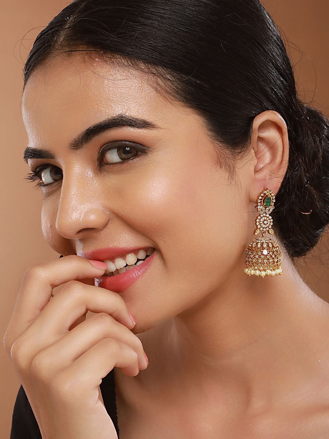 Gold Plated Green Zircon Studded Pearl Beaded Dangler Earrings