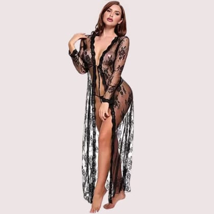 Floral Lace-Trimmed Black Transparent Robe