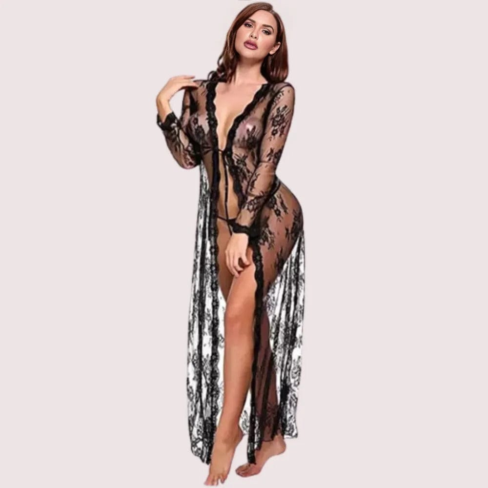 Floral Lace-Trimmed Black Transparent Robe