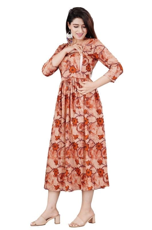 Women's Casual 3/4 Sleeve Printed Viscose Maternity Feeding Kurti (Brown, L)-PID47181