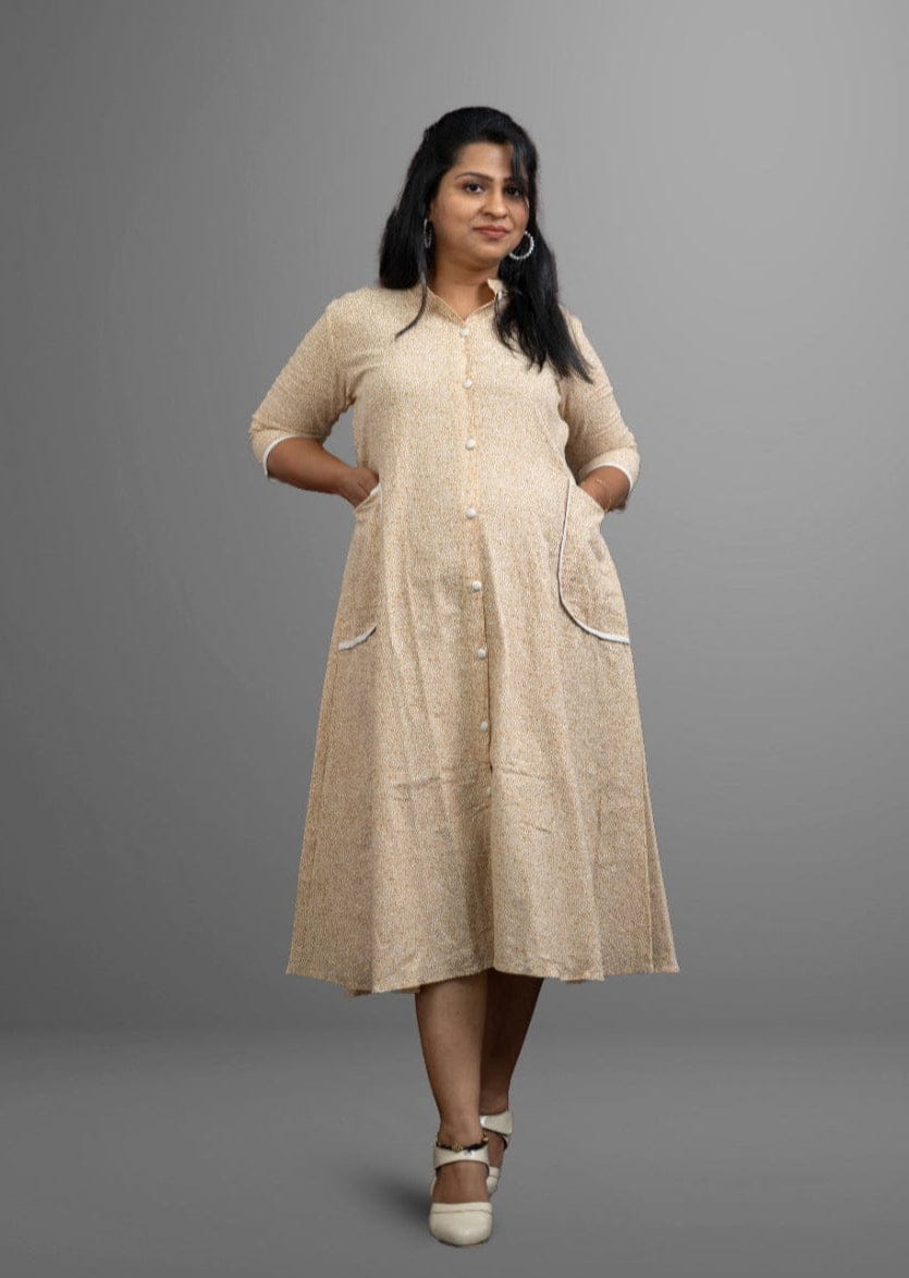 Mustard Yellow circle white print cotton full open dress - 3/4 Sleeve