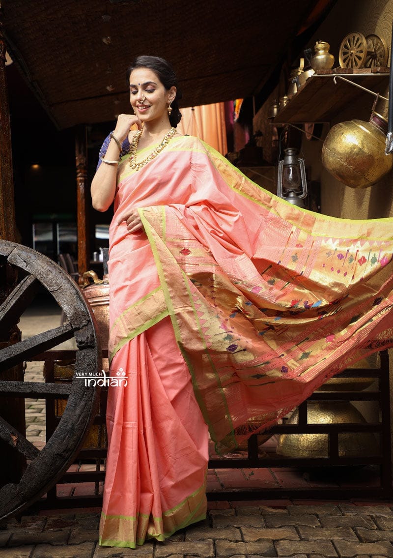 Utsaav ~ Traditional Handloom Cotton Paithani in Fresh Peach with contrast Green Border (120 count high Quality Cotton)