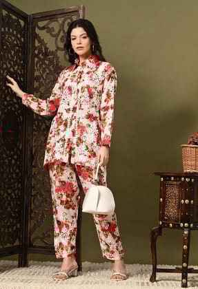 Chikankari Cord Set in Mulmul Set - Floral Print Red