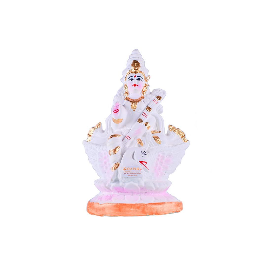 MAYAPURI Handmade White Plaster of Paris Maa Saraswati Idol/Statue for Pooja, Home-Office Decor, 7 inch
