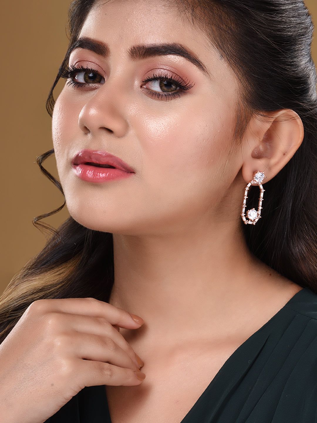 Rose Gold Plated White AD Studded Modern Dangler Earrings