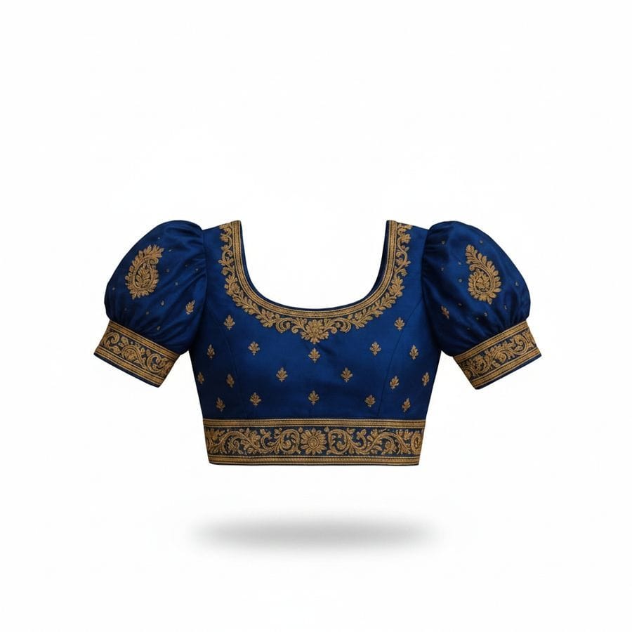 Royal Blue Embroidered Puff-Sleeve Ethnic Blouse