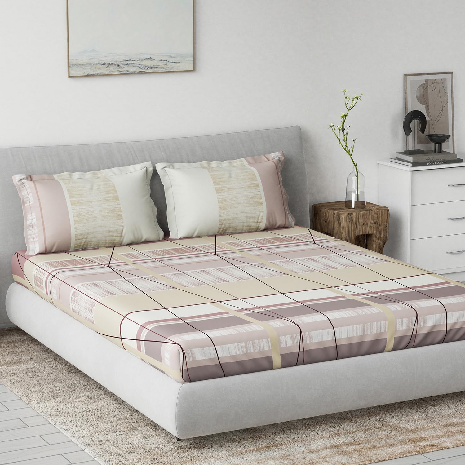 DDECOR - Primary Collection 100% Cotton Contemporary Pattern 145TC King Bedsheet |229 CM X 274 CM| with 2 Pillow Covers - Pink